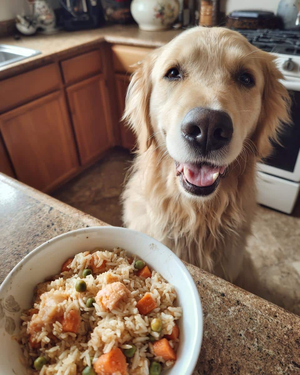 Golden Retriever dog eagerly awaits a bowl of homemade Salmon & Brown Rice Dog Food.