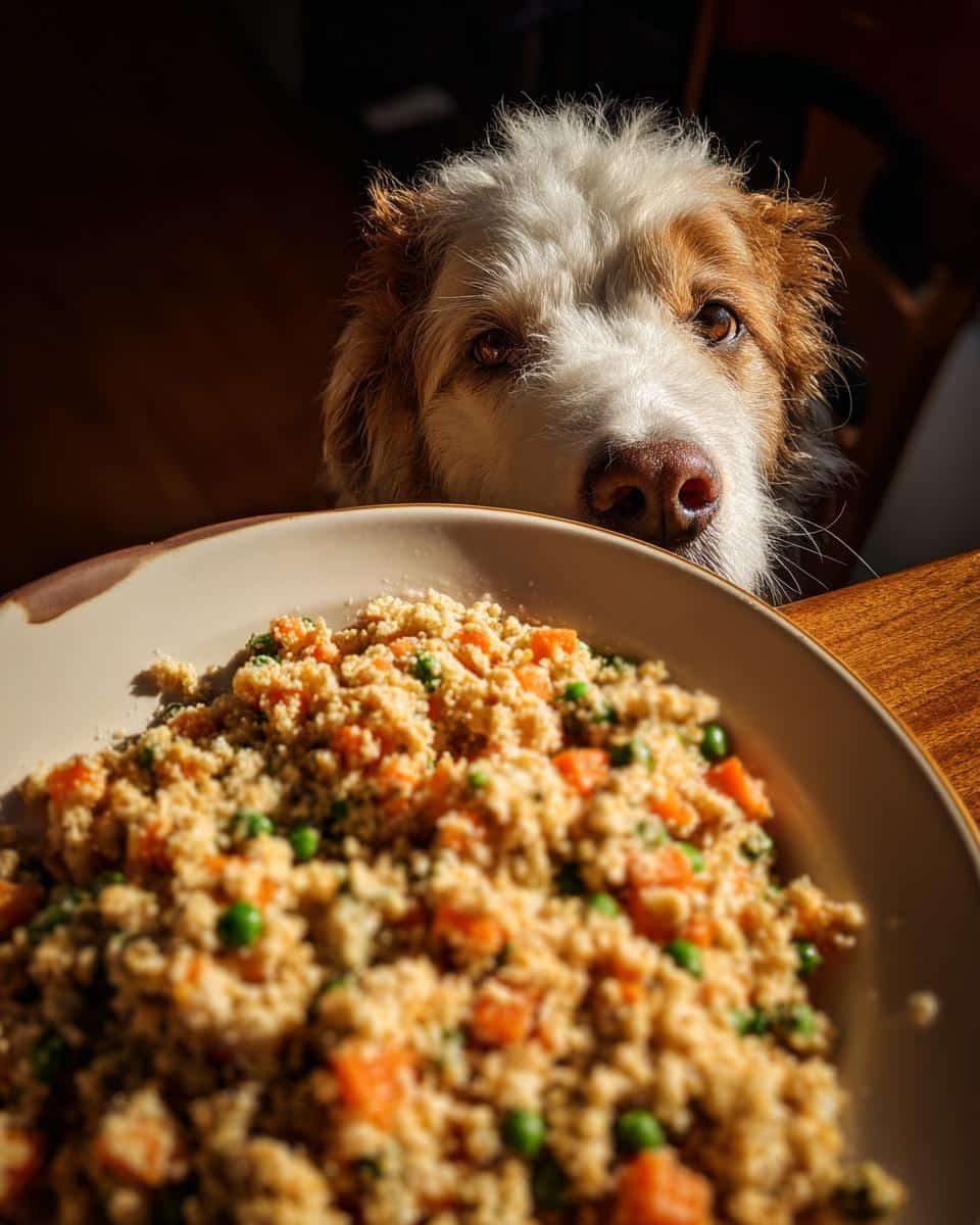 Dog looking longingly at a plate of Salmon & Brown Rice Best Dog Food Recipe, ready to eat.