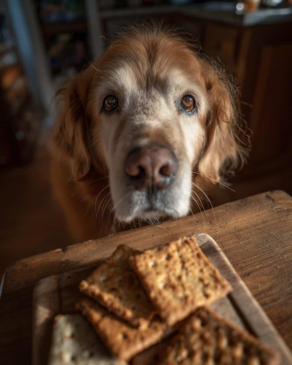 Golden retriever looking longingly at Salmon Carrot Biscuits on a wooden board.