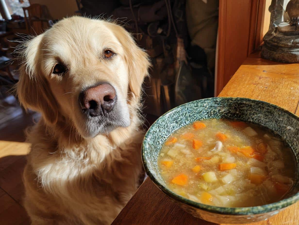 Golden retriever looking at the camera next to a bowl of ingredients for Salmon Carrot Biscuits – Recipe for Dogs.