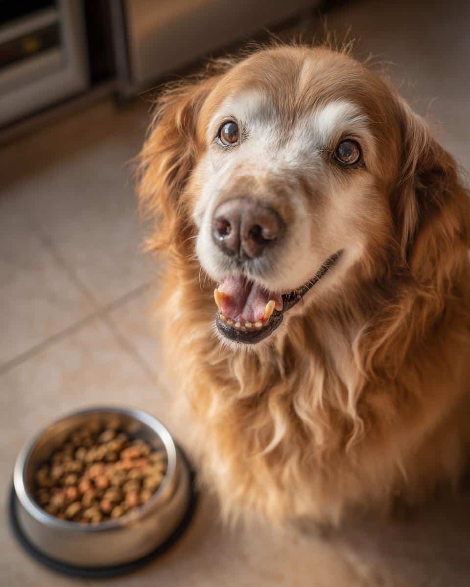Golden retriever looking up expectantly at the camera next to a bowl of Salmon & Egg Dog Food Bowl.