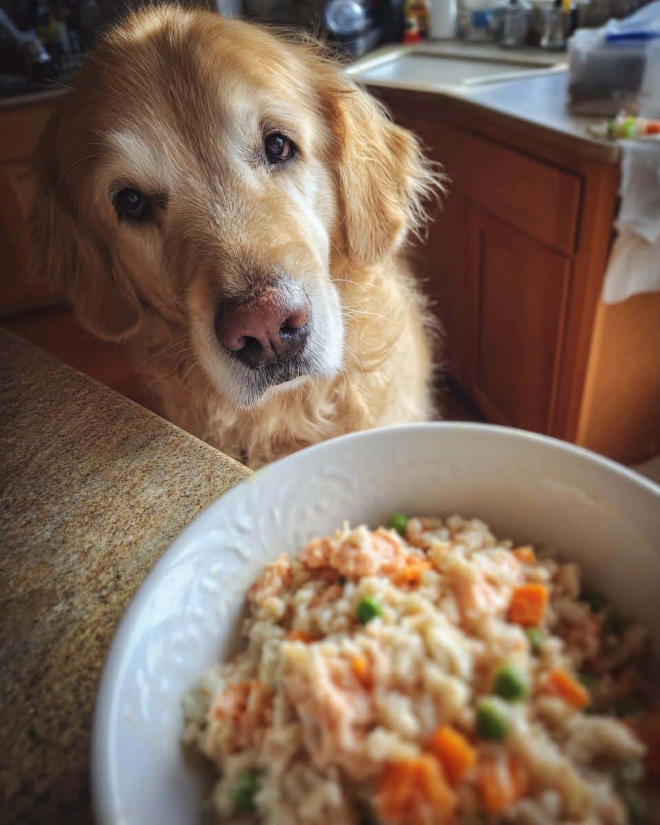 Golden retriever dog looking longingly at a bowl of Salmon & Oatmeal Quick Dog Recipe.