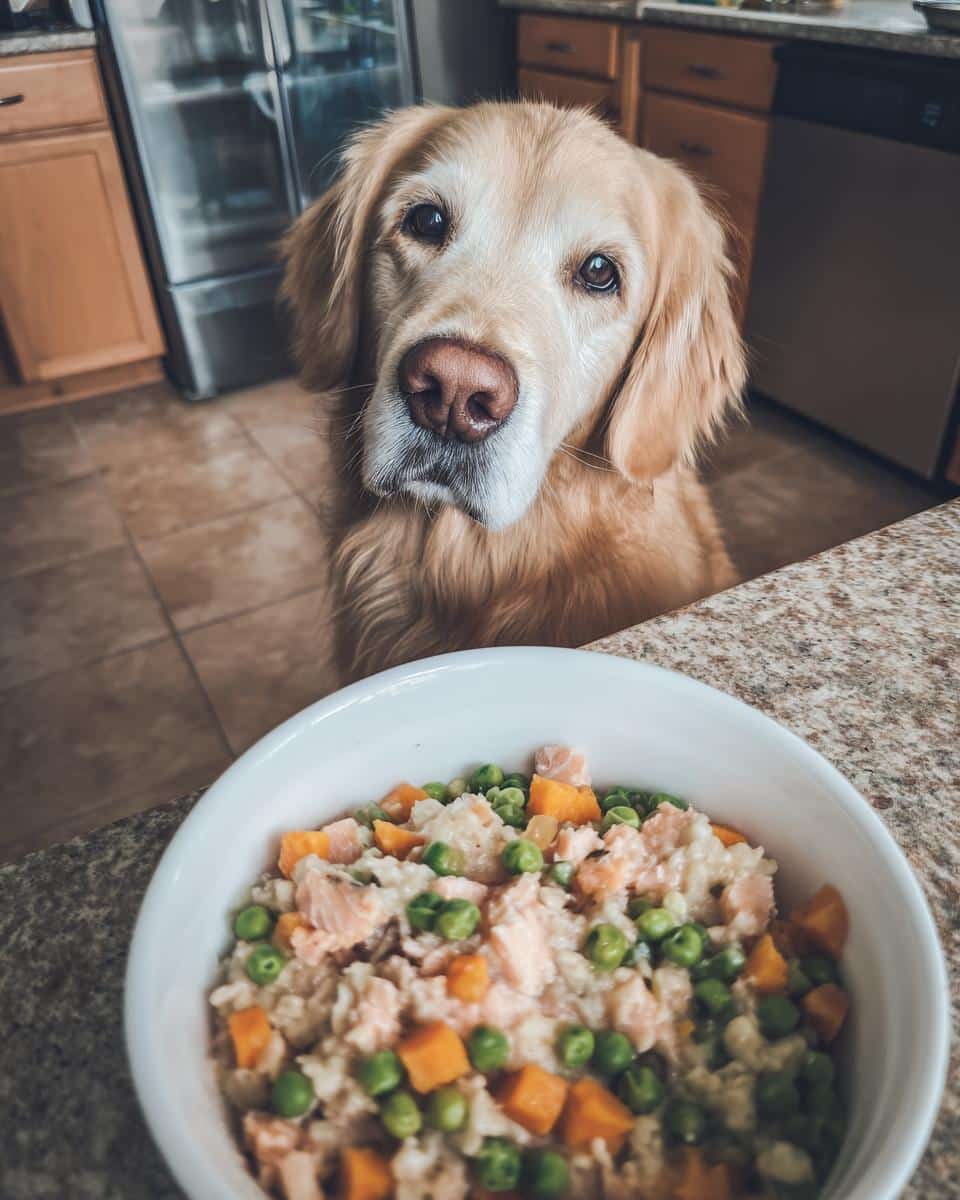 Golden retriever dog looking longingly at a bowl of Salmon & Oatmeal Quick Dog Recipe.
