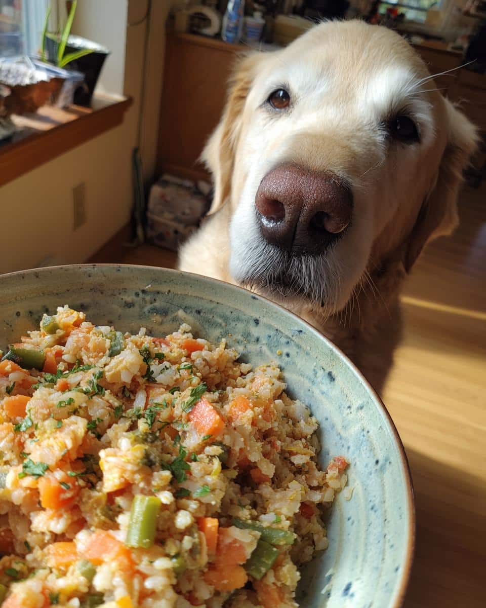 Golden retriever looking longingly at a bowl of Salmon & Oats Dog Food Recipe.