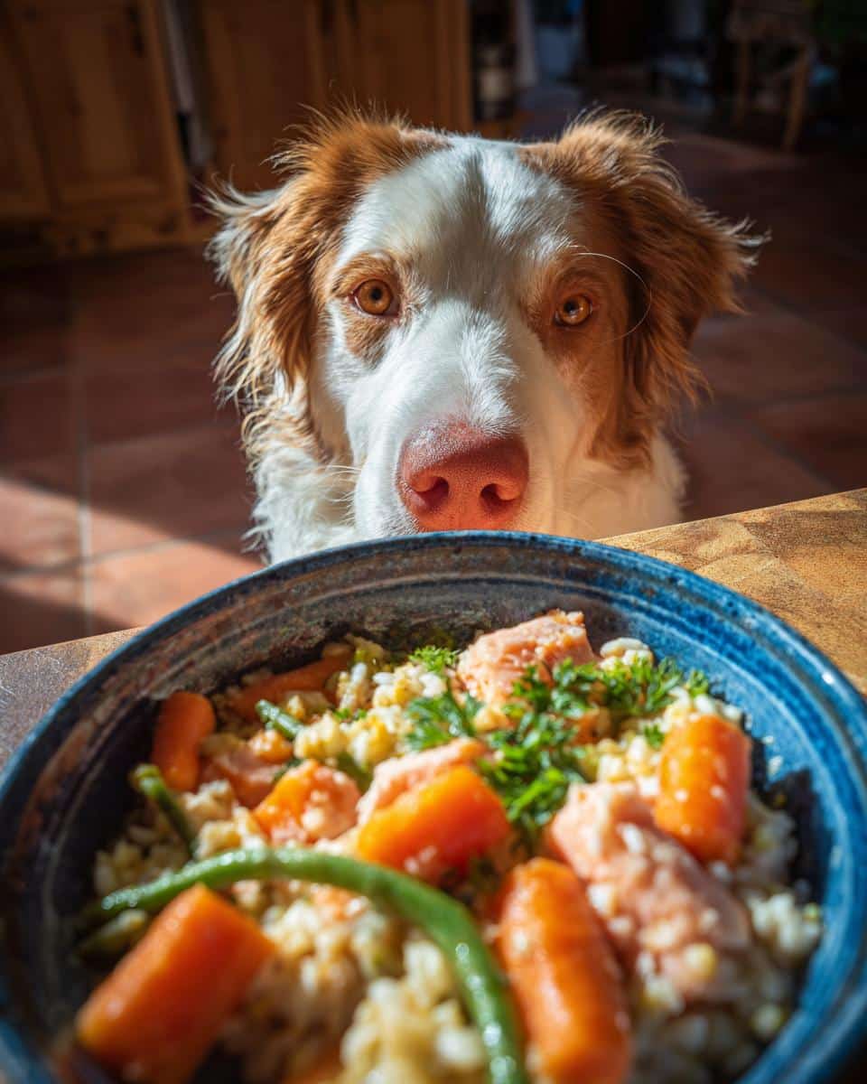 Dog looking longingly at a bowl of Salmon & Oats Dog Food Recipe with carrots and green beans.