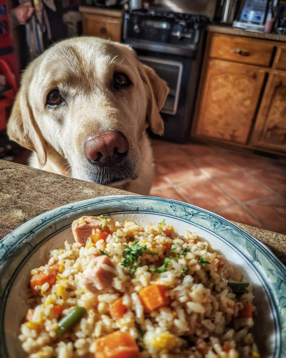 A Labrador gazes longingly at a bowl of Salmon & Oats Dog Food Recipe, ready to eat.