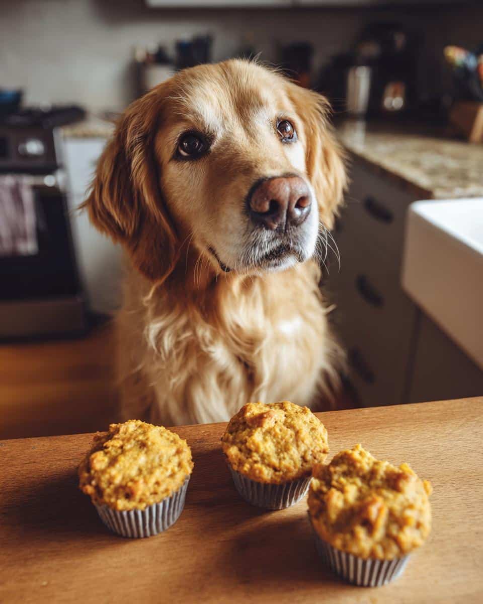 Golden retriever looking longingly at three Salmon & Sweet Potato Cakes on a wooden counter.