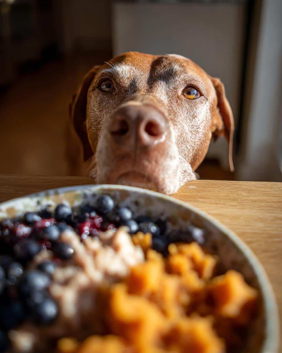 Dog looking longingly at a bowl of Salmon & Sweet Potato Dog Food with blueberries and cranberries.