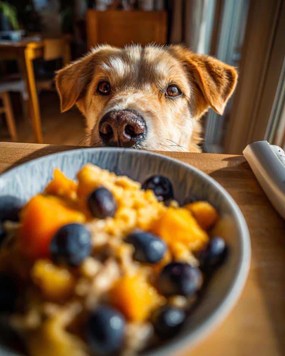 Dog looking longingly at a bowl of Salmon & Sweet Potato Dog Food with blueberries and other ingredients.