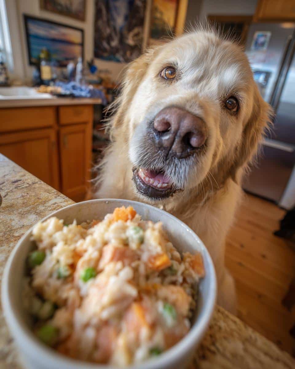 Golden retriever eagerly awaits a bowl of Salmon & Sweet Potato Healthy Dog Food in a kitchen setting.