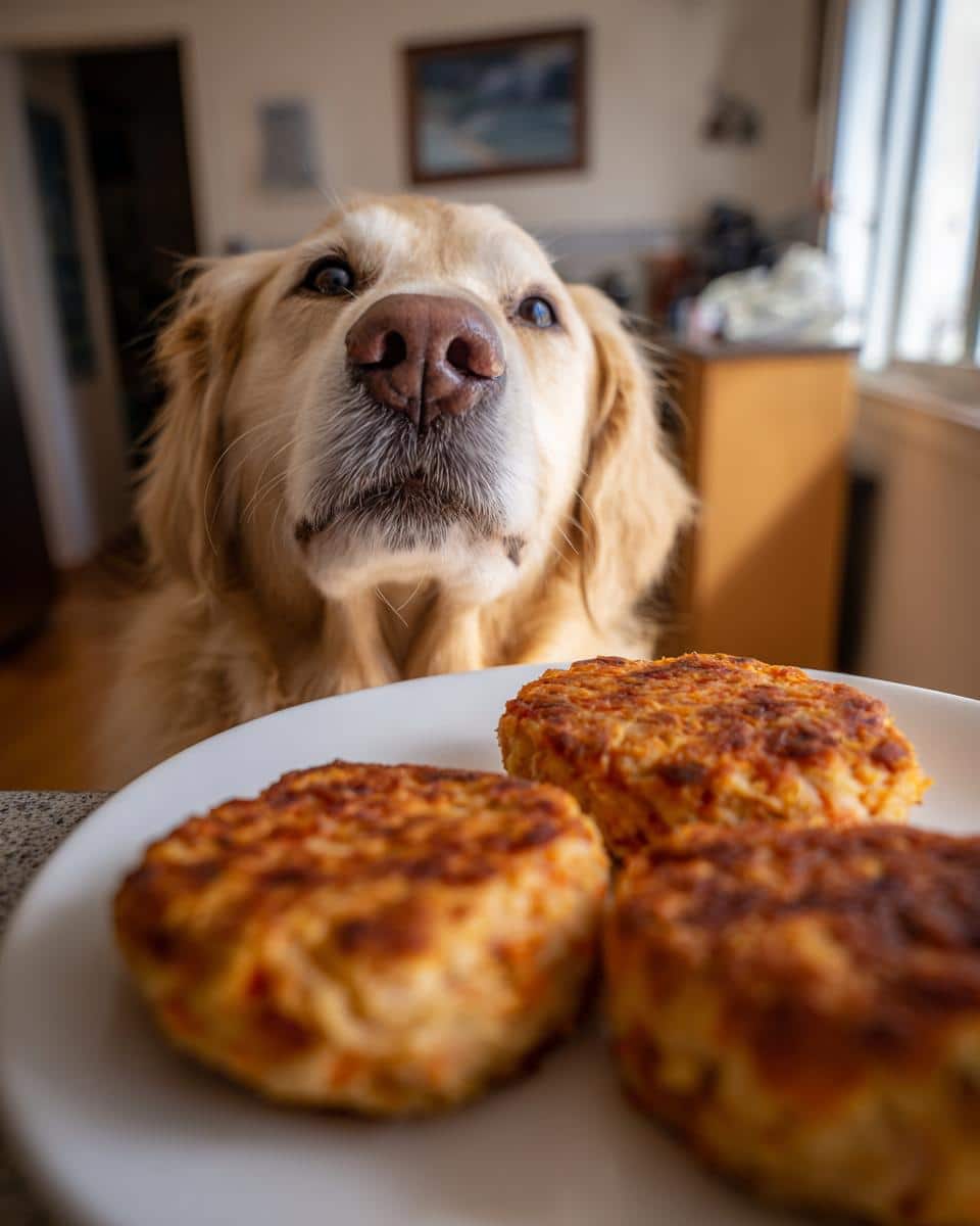 Golden Retriever looking at a plate of Sardine & Carrot Patties. Recipe for Dogs.