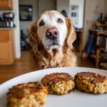 Golden retriever dog longingly gazing at a plate of Sardine & Carrot Patties.