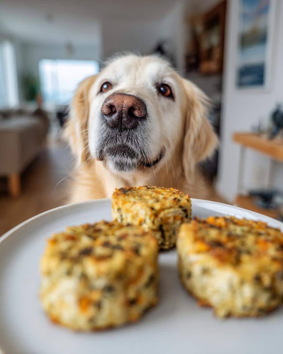 Golden retriever looking at a plate of Sardine & Carrot Patties, a recipe for dogs.