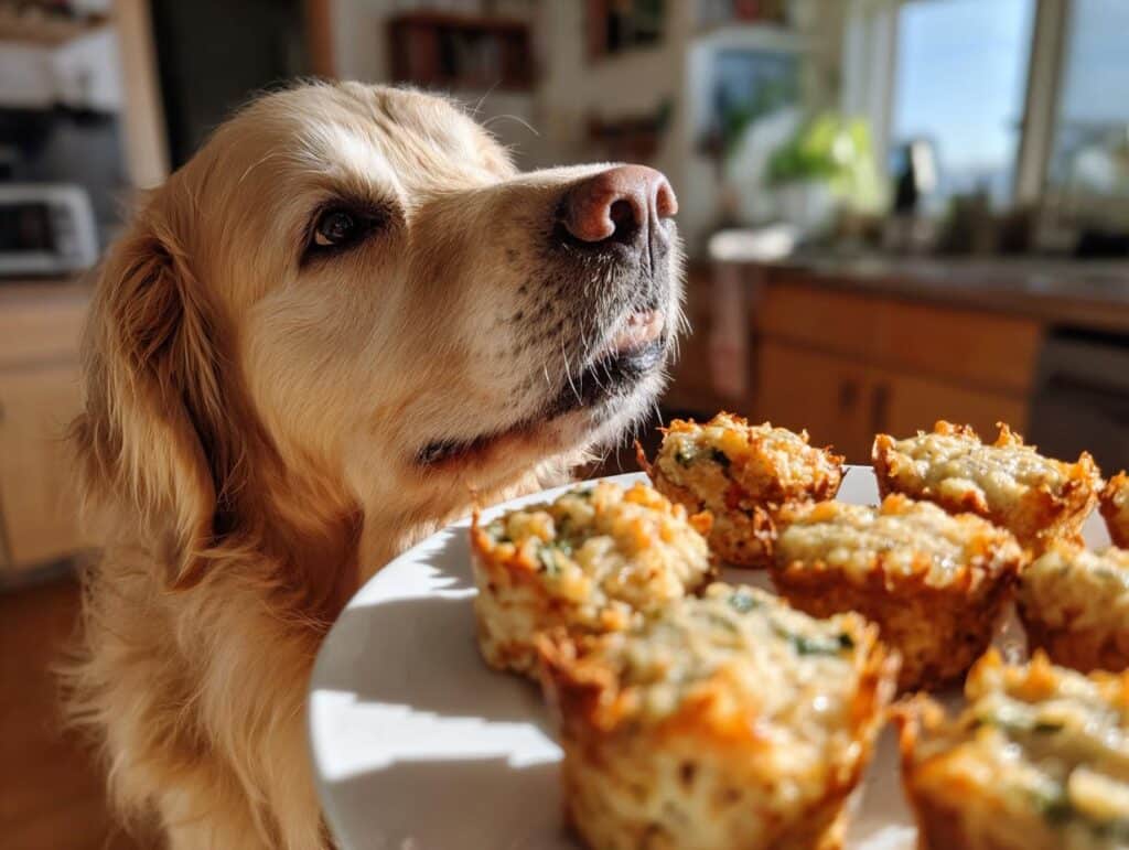 Golden retriever looking longingly at a plate of Sardine & Rice Bites, a dog-friendly treat.
