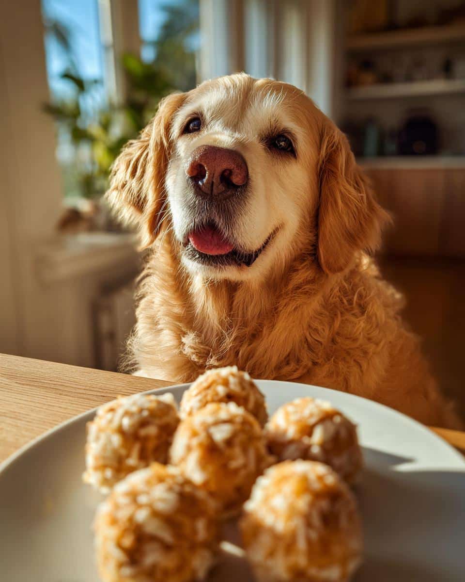 Golden retriever looking longingly at a plate of Sardine & Rice Bites, a delicious treat for dogs.