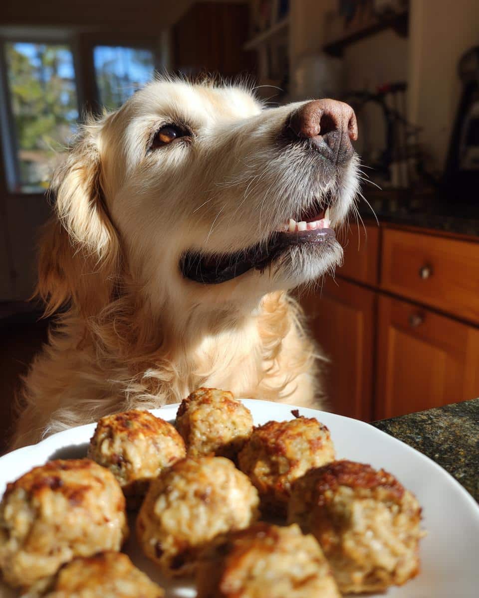 Golden retriever looking longingly at a plate of Sardine & Rice Bites – Recipe for Dogs.