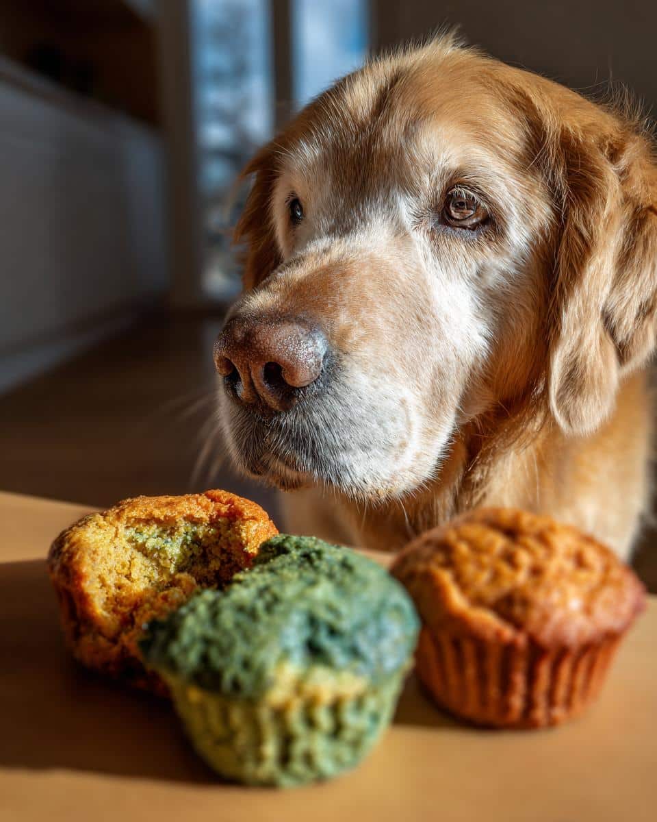 Golden retriever gazes at Spinach & Apple Mini Cakes, treats made for dogs.