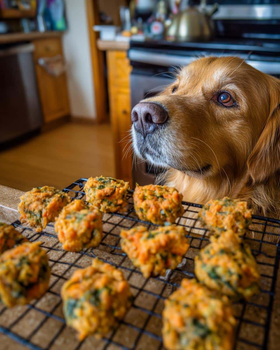 Golden Retriever looking longingly at a batch of freshly baked Spinach Carrot Nuggets – Recipe for Dogs on a cooling rack.
