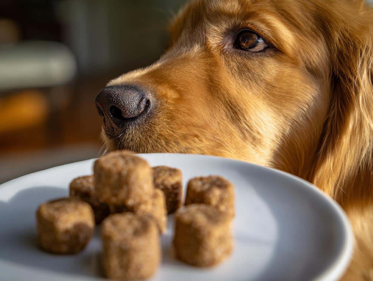Golden retriever looking at a plate of Strawberry Banana Frozen Pops, a recipe for dogs.