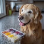 A golden retriever looks longingly at a tray of Strawberry Yogurt Swirls, a cool treat for dogs.