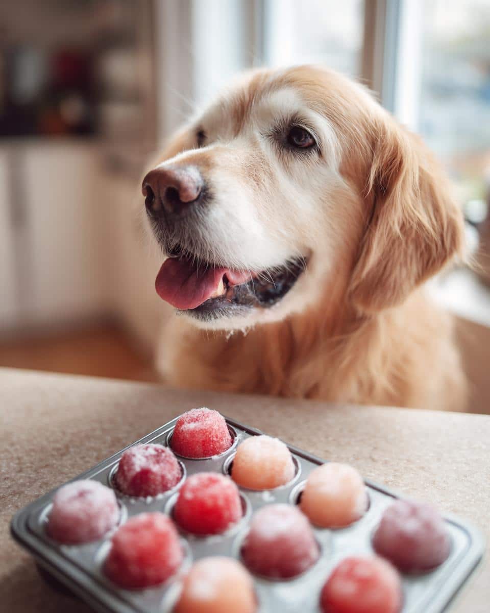 Golden Retriever dog longingly looking at a tray of homemade Strawberry Yogurt Swirls – Recipe for Dogs.