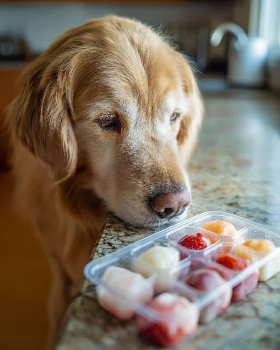 Golden retriever looking longingly at a tray of homemade Strawberry Yogurt Swirls – Recipe for Dogs.