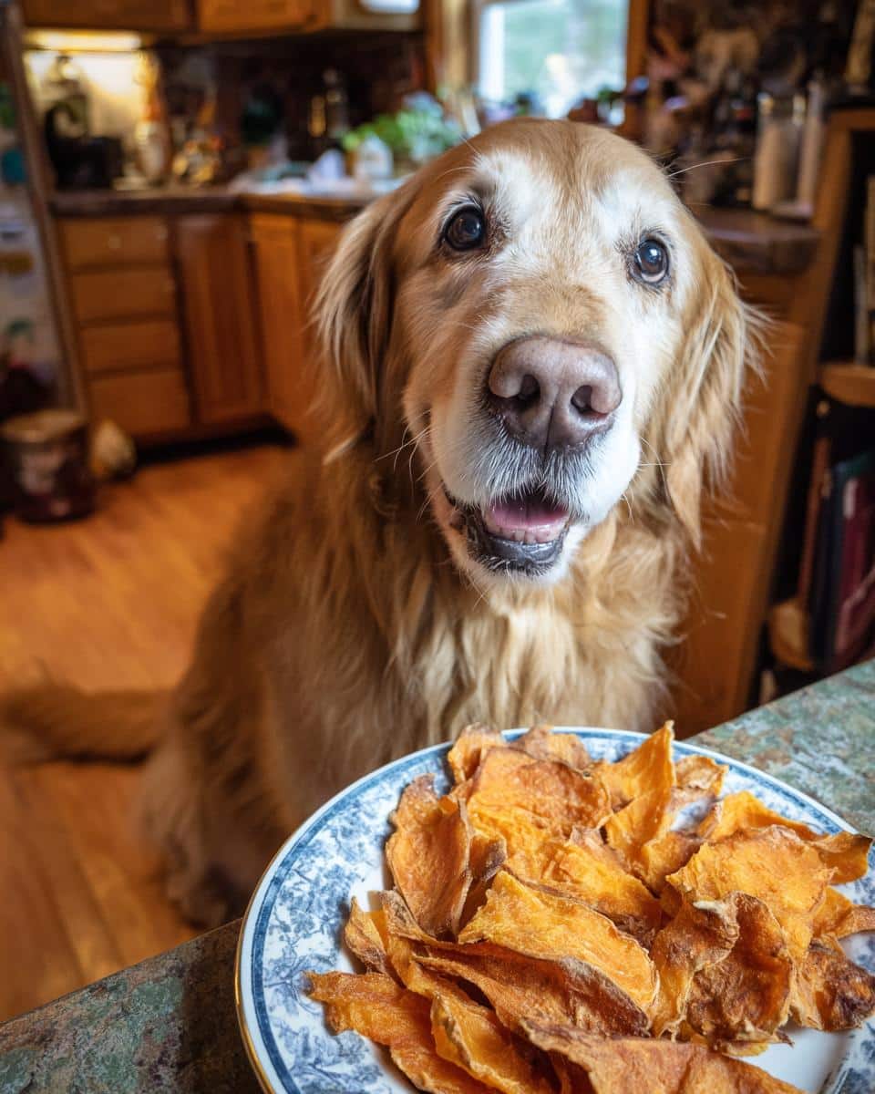 Golden retriever looking at a plate of Sweet Potato Chews – Recipe for Dogs.
