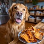 Golden retriever looking happy next to a plate of homemade Sweet Potato Chews for dogs.