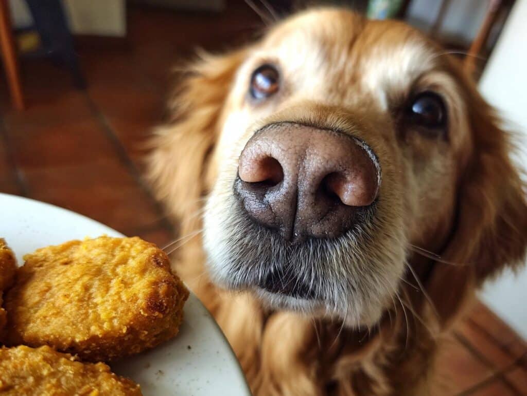 A golden retriever looks longingly at a plate of Sweet Potato & Lentil Nuggets, a delicious dog treat.
