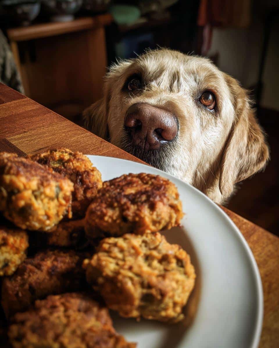 A golden dog longingly looks at a plate of Sweet Potato & Lentil Nuggets.