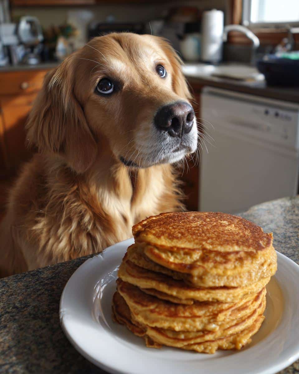 Golden retriever looking longingly at a stack of Sweet Potato Oat Pancakes – Recipe for Dogs.