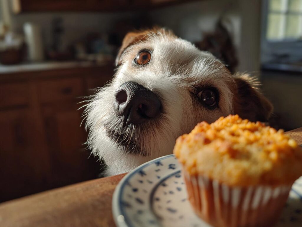 A cute dog intensely gazes at a Sweet Potato Pumpkin Muffin on a plate, hoping for a taste.