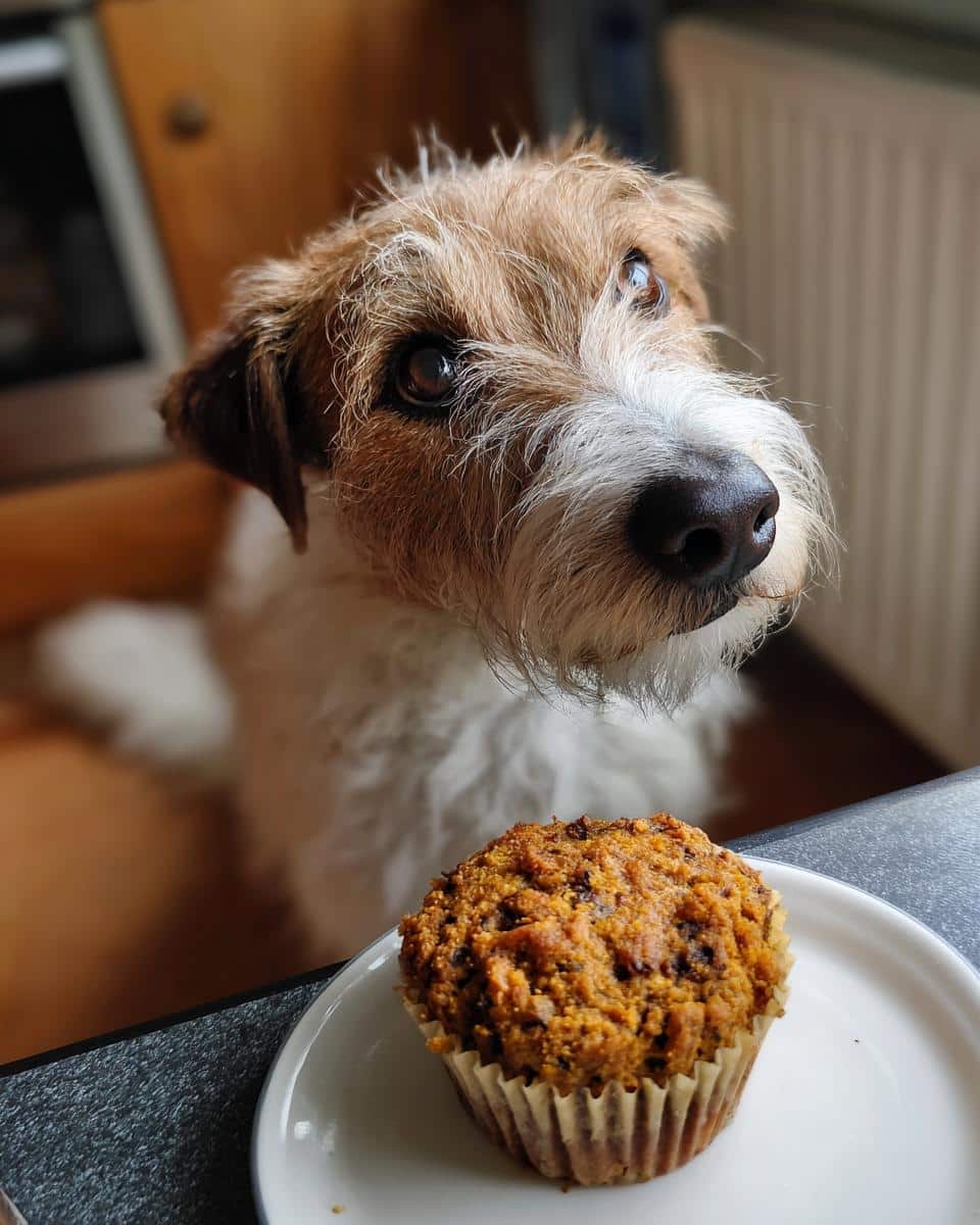 A dog longingly looks at a Sweet Potato Pumpkin Muffin on a plate, ready to be eaten.