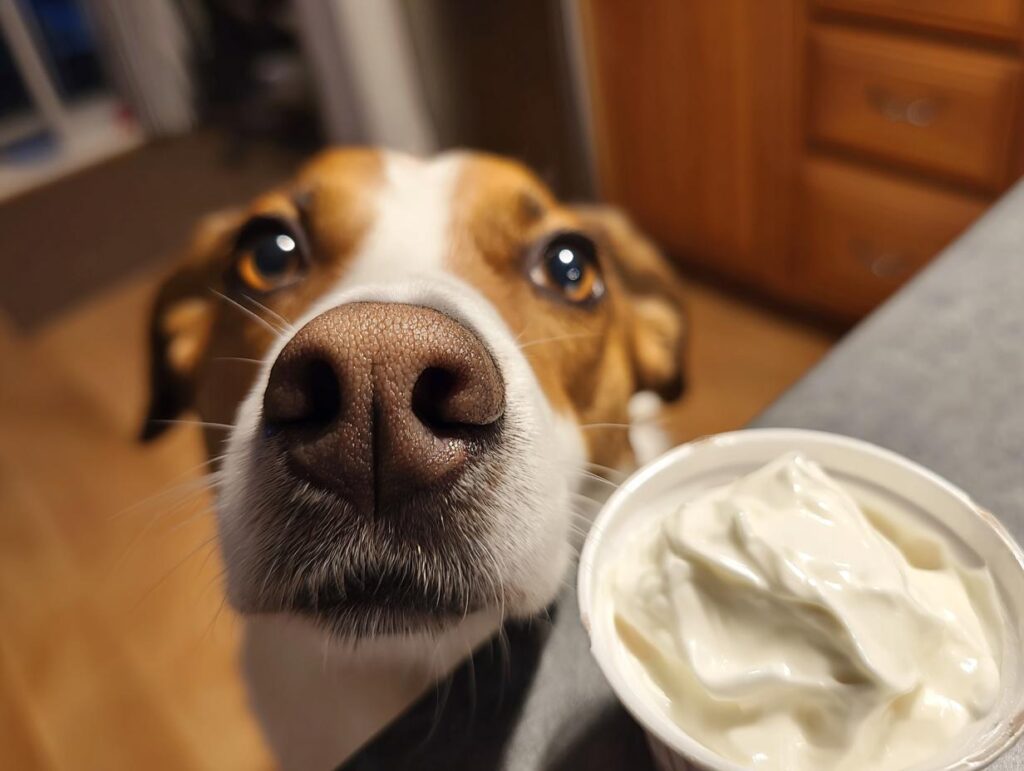 Close-up of a dog's face eagerly looking at a container of sour cream, ready for Taco Tuesday for Dogs.