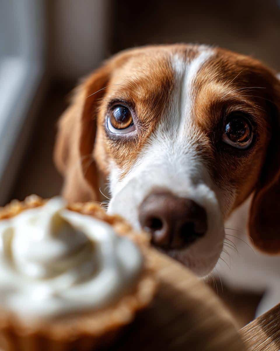 Close-up of a dog looking longingly at a treat for Taco Tuesday for Dogs. Focus on the dog's eyes and the treat.