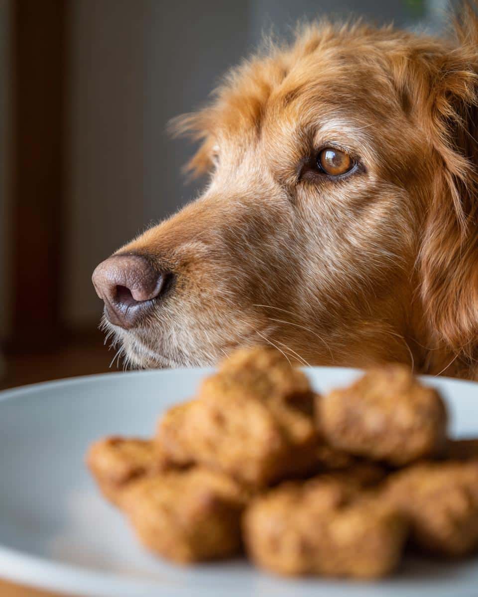 Golden retriever looking longingly at a plate of Tuna Sweet Potato Nuggets – Recipe for Dogs.