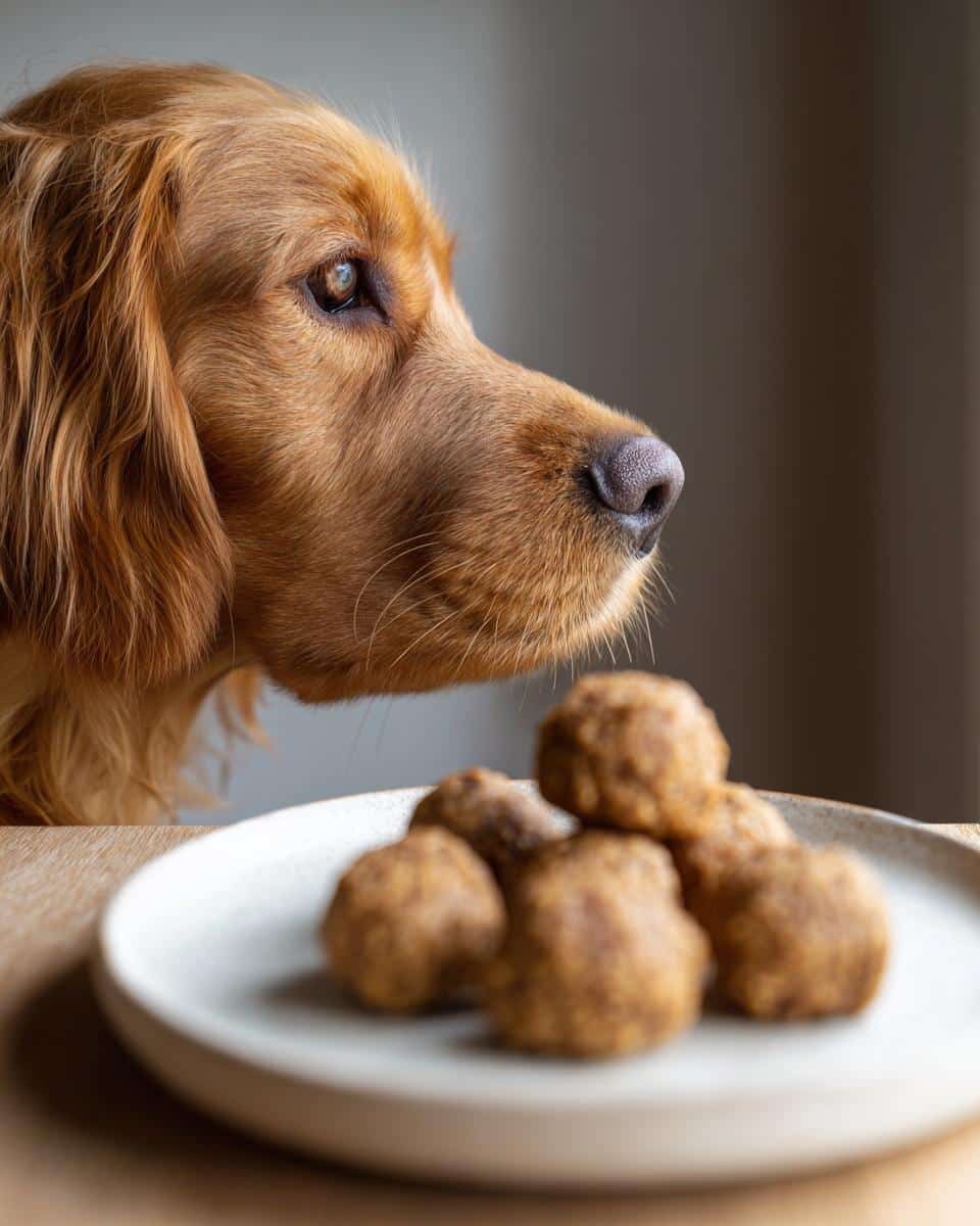A golden retriever looks longingly at a plate of Tuna Sweet Potato Nuggets, a delicious recipe for dogs.