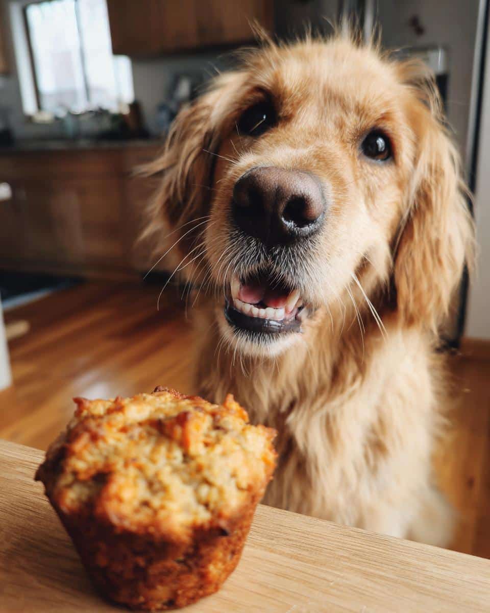 Golden Retriever dog looking eagerly at a Tuna Veggie Muffin. Recipe for Dogs.