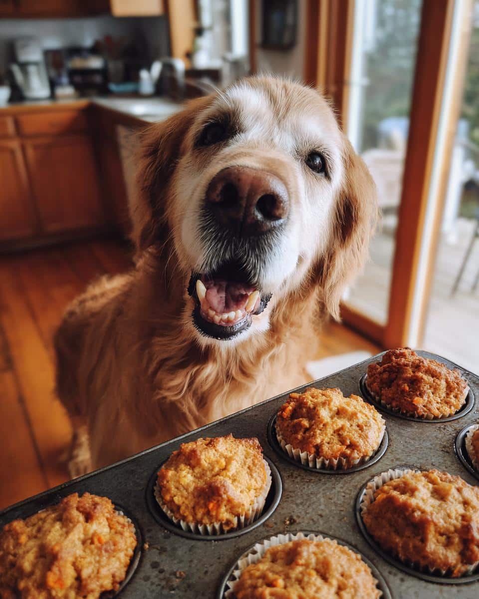 Golden retriever dog looks eagerly at a pan of freshly baked Tuna Veggie Muffins.