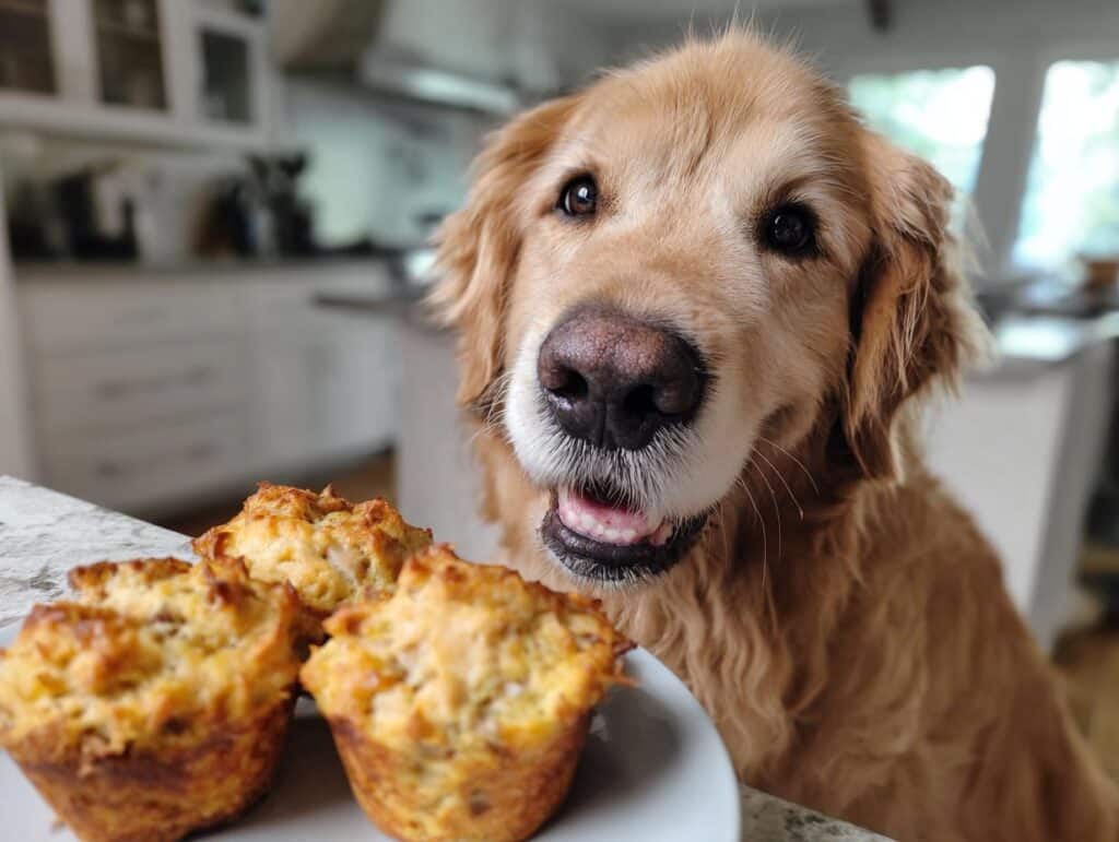 Golden Retriever looks at Tuna Veggie Muffins. Recipe for Dogs.