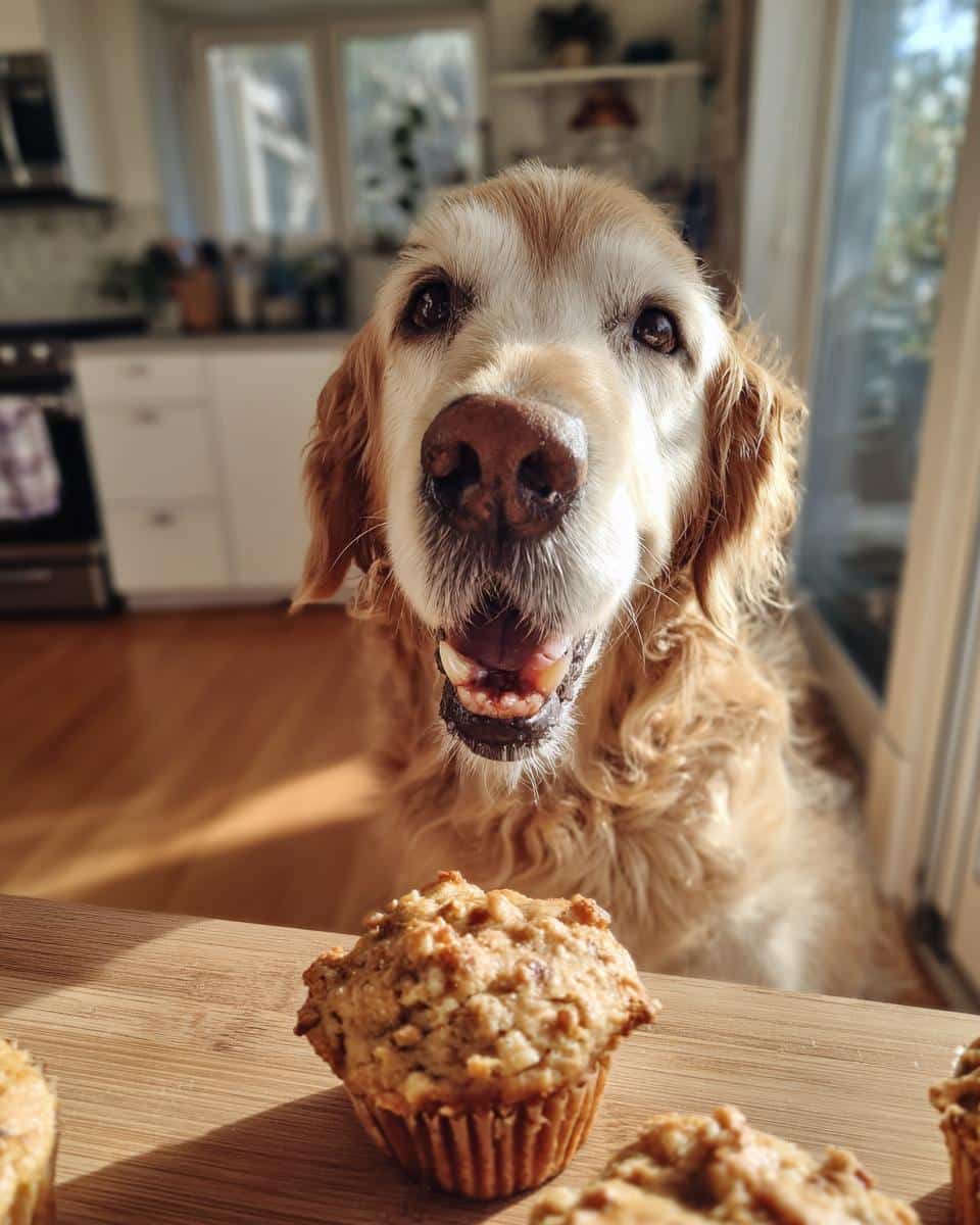 Golden retriever eagerly awaits Tuna Veggie Muffins. Homemade dog treat recipe.
