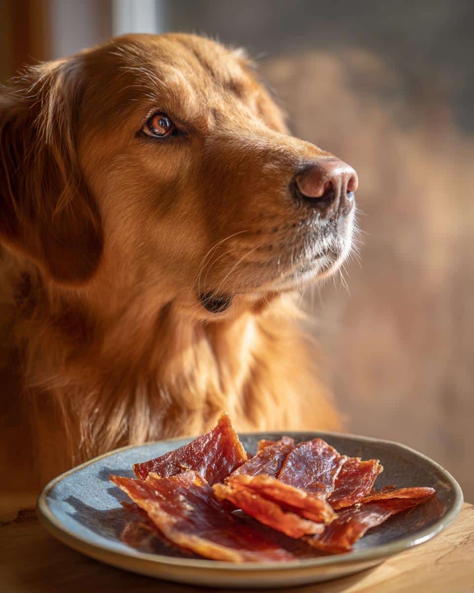 Golden retriever looking longingly at a plate of Turkey Apple Jerky, a delicious treat for dogs.