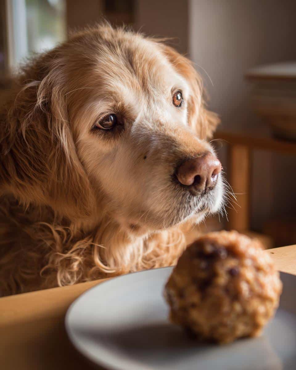Golden retriever dog looking longingly at a Turkey & Cranberry Meatball on a plate.