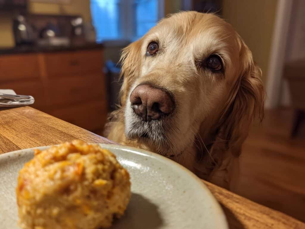 Golden Retriever dog looking longingly at a Turkey & Cranberry Meatball on a plate on the table.