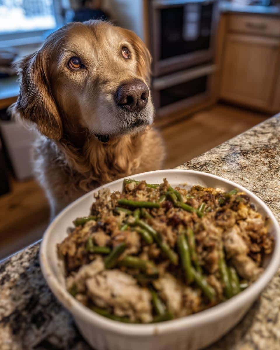 A golden retriever looks longingly at a bowl of Turkey & Green Beans Healthy Dog Meal on the counter.
