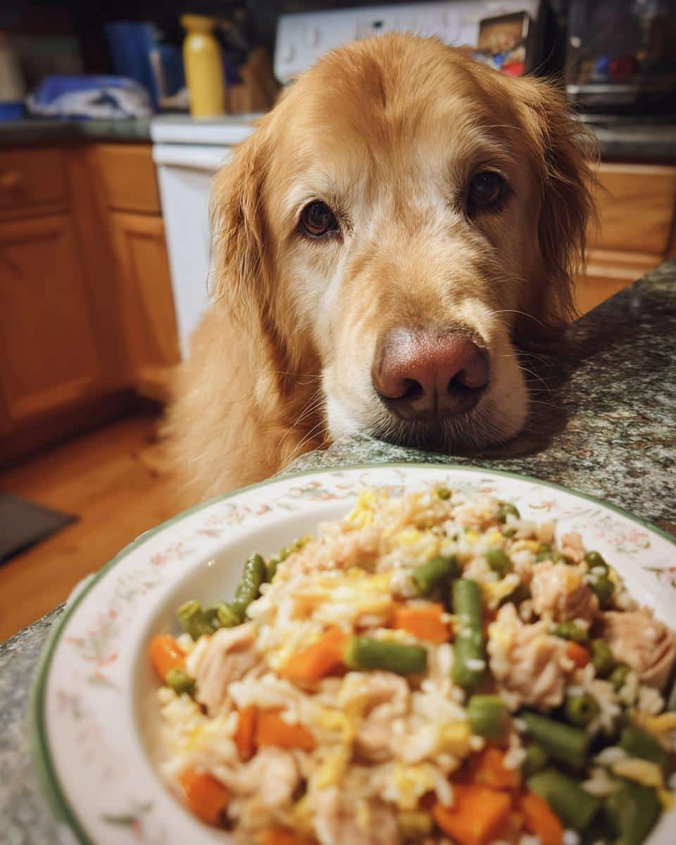 Golden retriever looking longingly at a plate of Turkey & Green Beans Healthy Dog Meal.