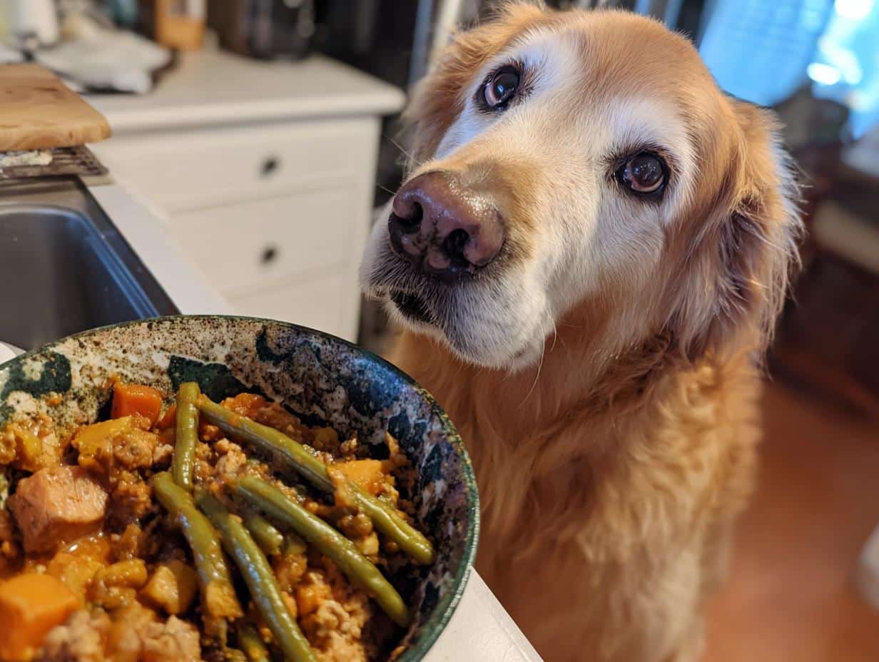 Golden retriever dog gazes longingly at a bowl of Turkey & Green Beans Healthy Dog Meal.