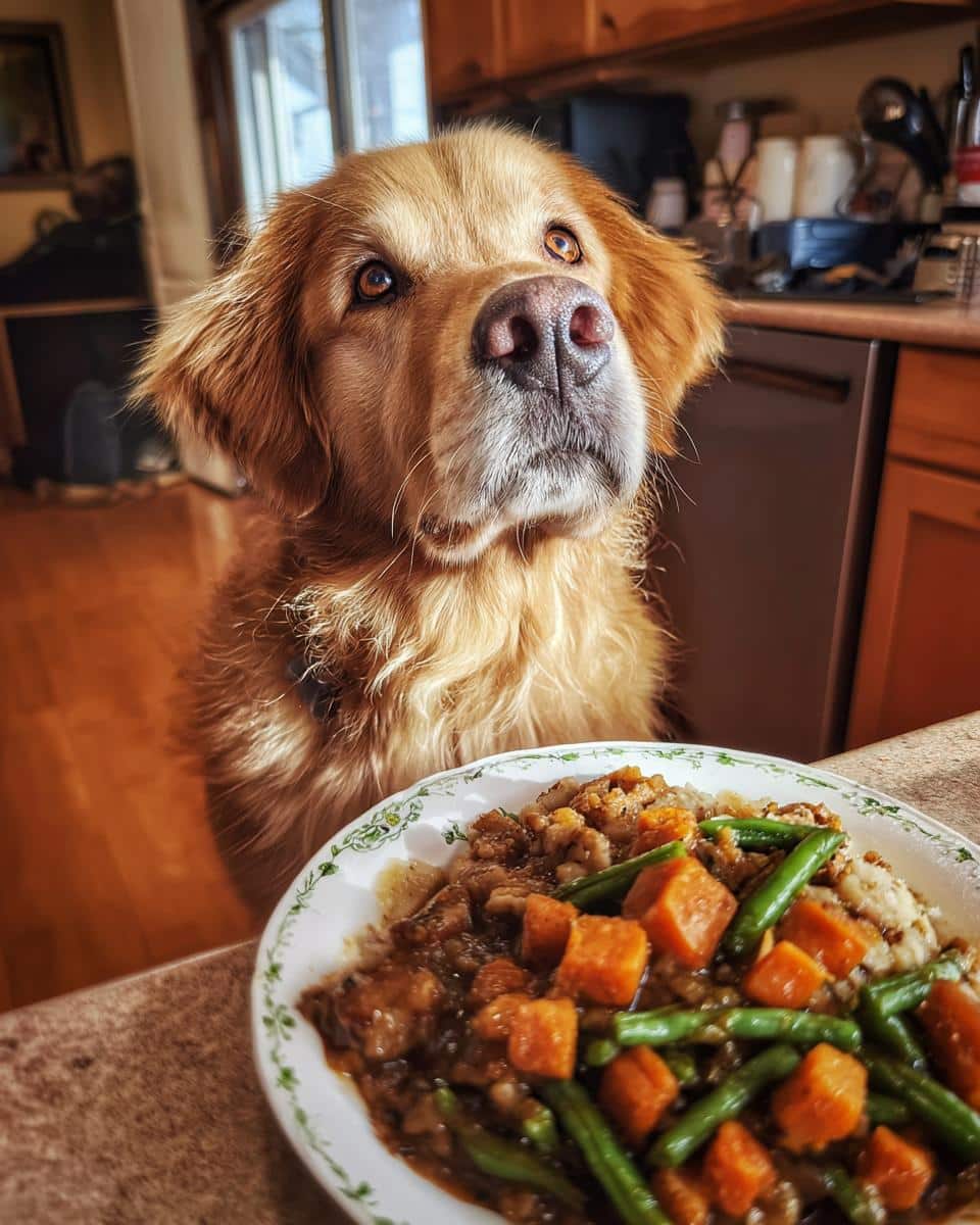 Golden Retriever looking longingly at a plate of Turkey & Green Beans Healthy Dog Meal.