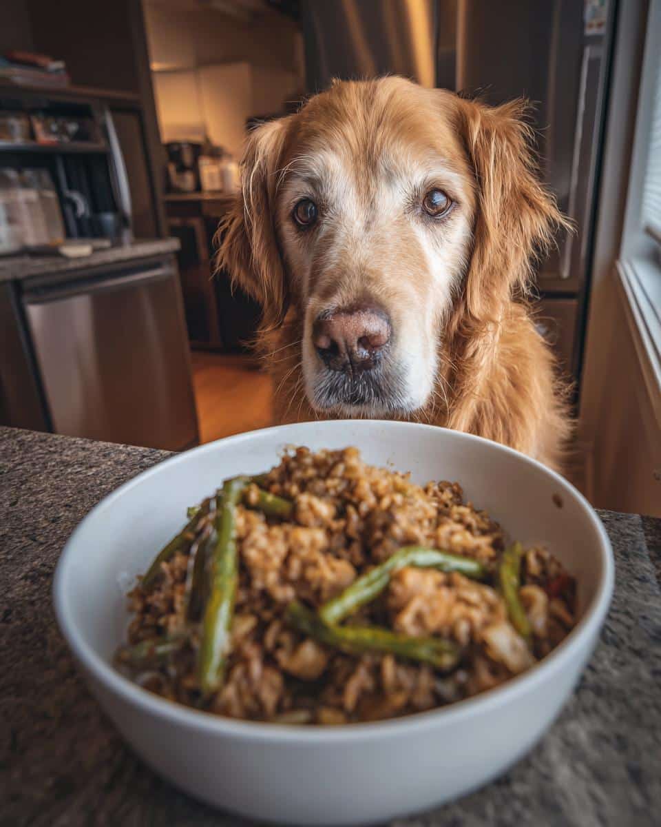 Golden retriever looking at a bowl of Turkey & Green Beans Healthy Dog Meal on a counter.