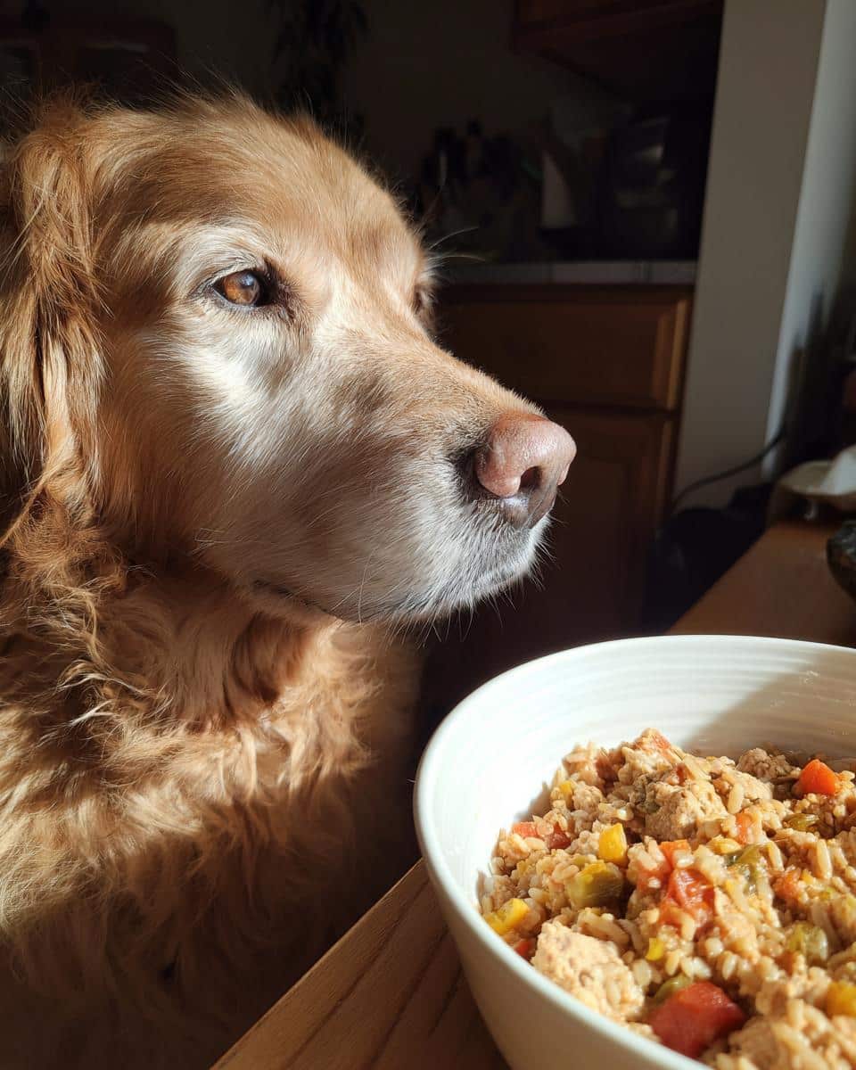 Golden retriever dog longingly gazing at a bowl of Turkey & Oats Balanced Dog Recipe.